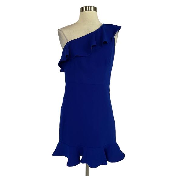 Aidan Mattox Women's Cocktail Dress Size 10 Blue Crepe One Shoulder Mini Sheath - Picture 1 of 13